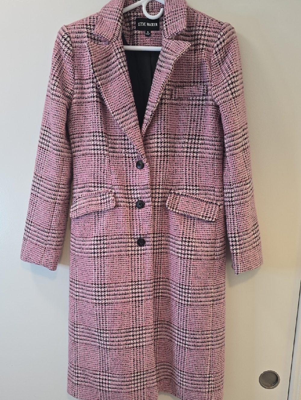 Steve Madden Pink Plaid Single-Breasted Long Trench Coat